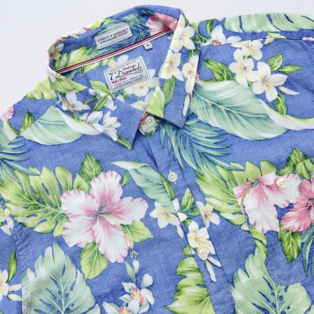 7 Diamonds Hawaiian Shirt Men's XL Blue Floral Inside Out Print Button Up Travel